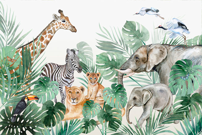 Fotomural dibujo infantil animales aves selva